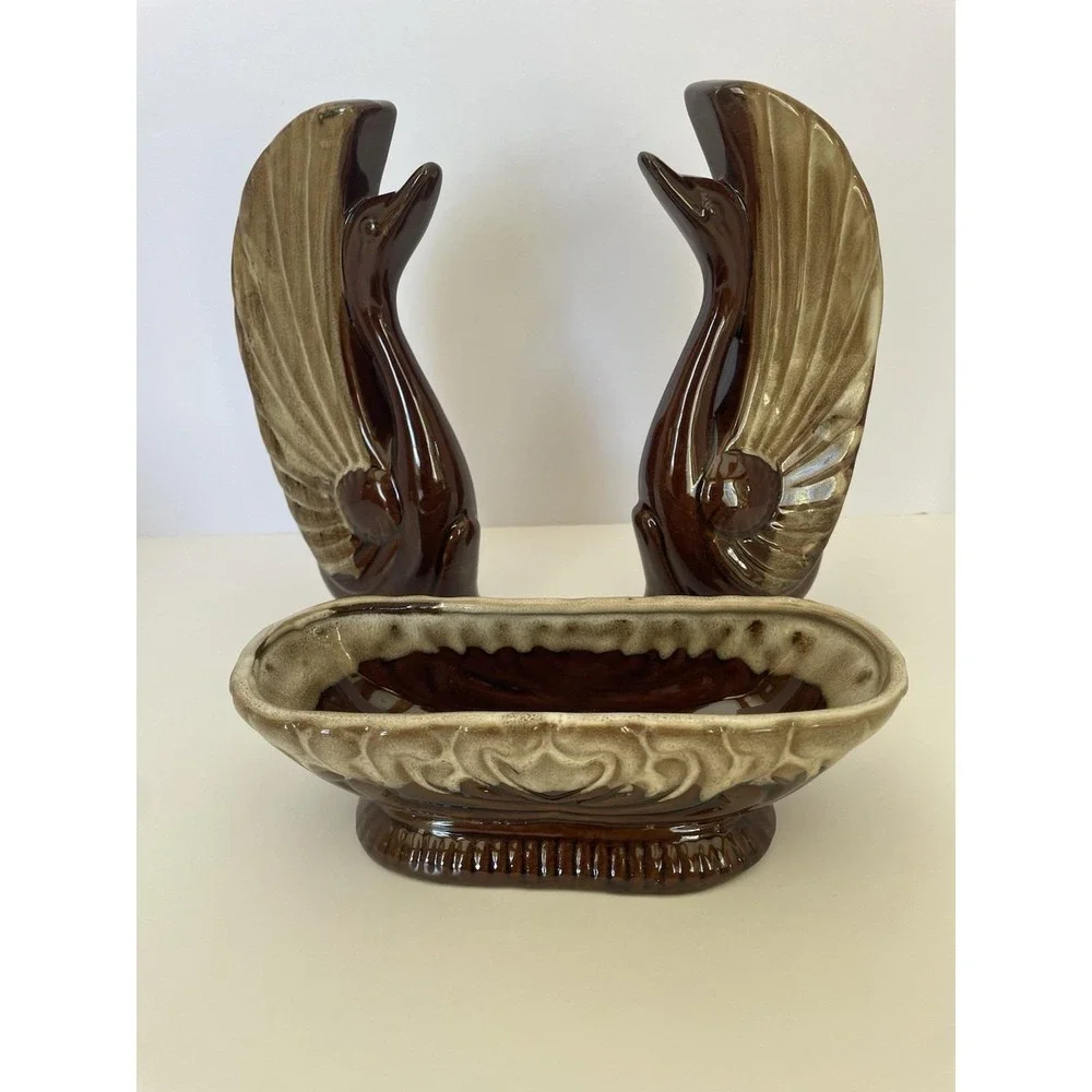 Vintage Swan Planter Set Rockingham Brown‎ Drip Glaze Console Mid Century W Box